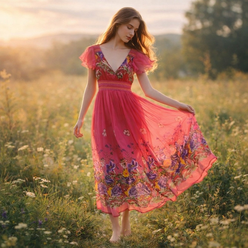 VTG Y2K Jessica Taylor Pink Floral Midi Dress Boho Fairy Cottagecore M